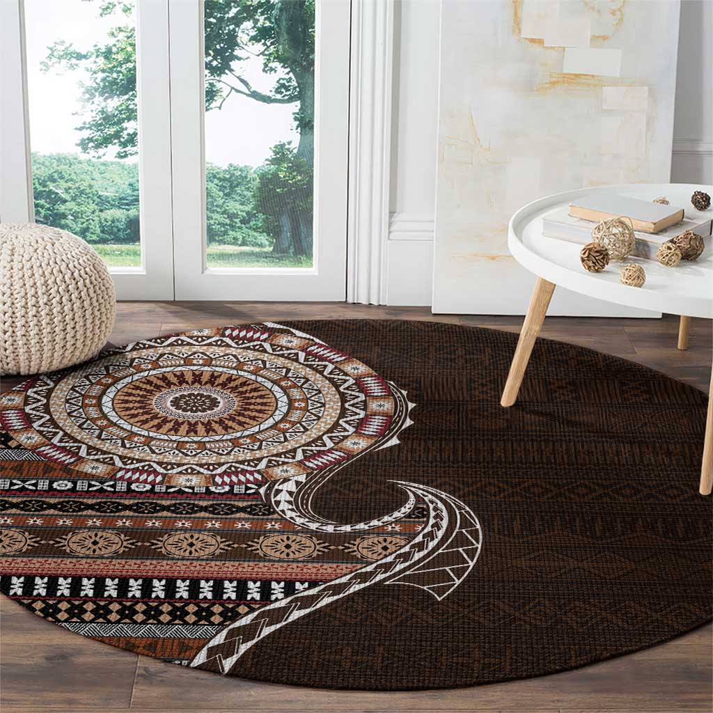 Fijian Masi Tribal Tattoos Art Pattern Round Carpet Brown Color Half Style - Polynesian Pride