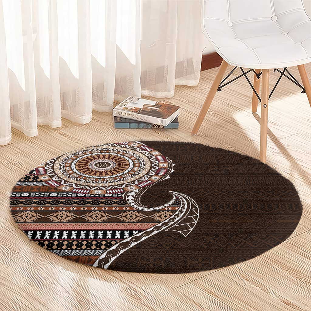 Fijian Masi Tribal Tattoos Art Pattern Round Carpet Brown Color Half Style - Polynesian Pride