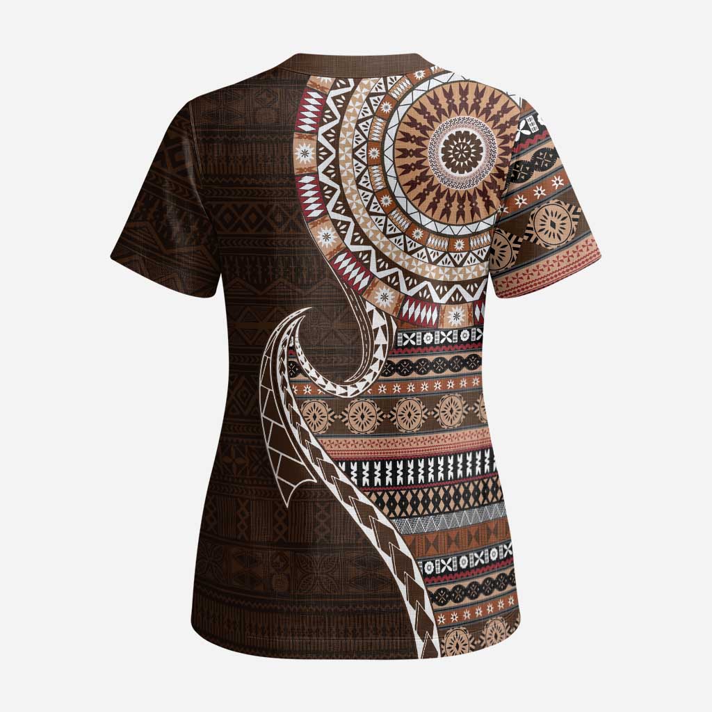 Fijian Masi Tribal Tattoos Art Pattern Scrub Top Brown Color Half Style - Polynesian Pride