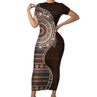 Fijian Masi Tribal Tattoos Art Pattern Short Sleeve Bodycon Dress Brown Color Half Style - Polynesian Pride