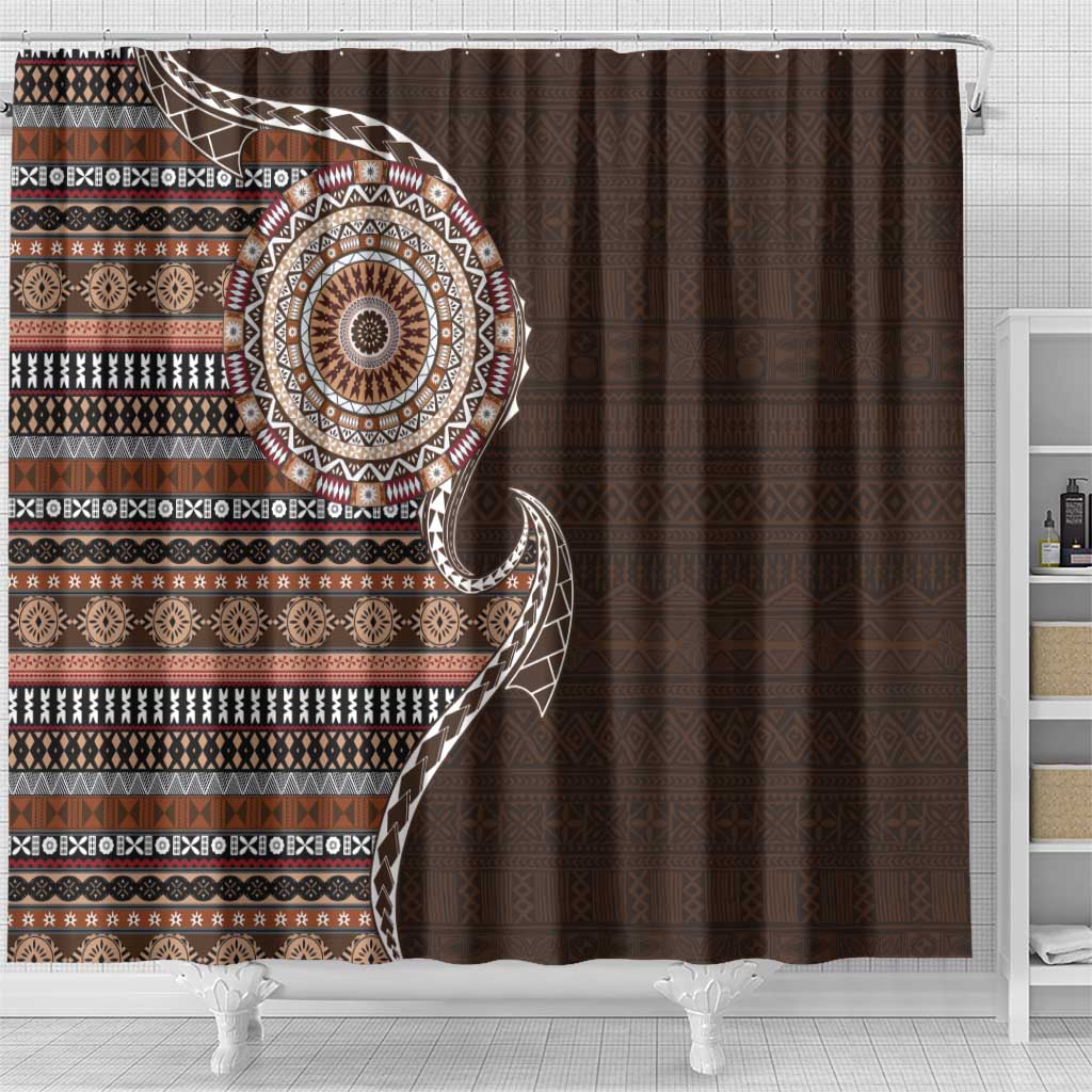 Fijian Masi Tribal Tattoos Art Pattern Shower Curtain Brown Color Half Style - Polynesian Pride