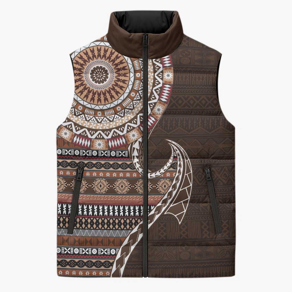 Fijian Masi Tribal Tattoos Art Pattern Sleeveless Puffer Jacket Brown Color Half Style - Polynesian Pride
