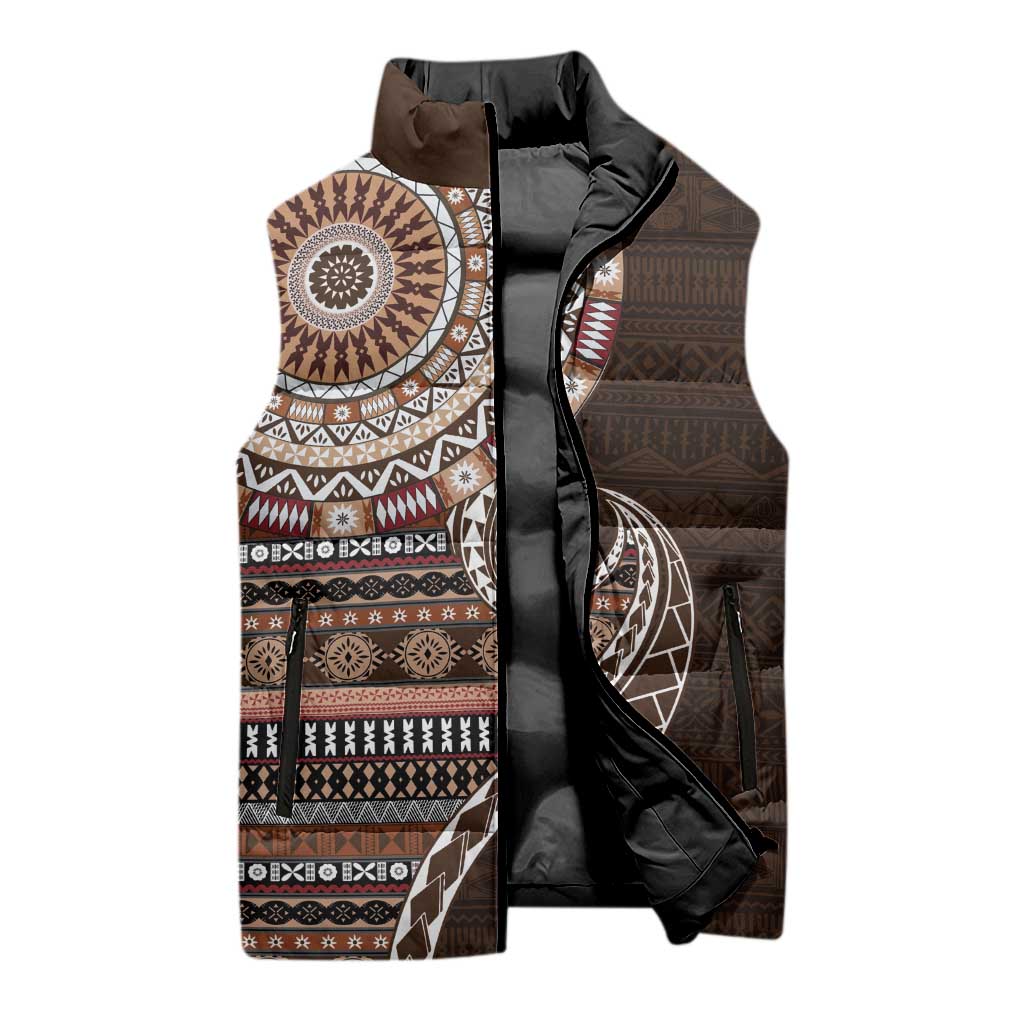 Fijian Masi Tribal Tattoos Art Pattern Sleeveless Puffer Jacket Brown Color Half Style - Polynesian Pride