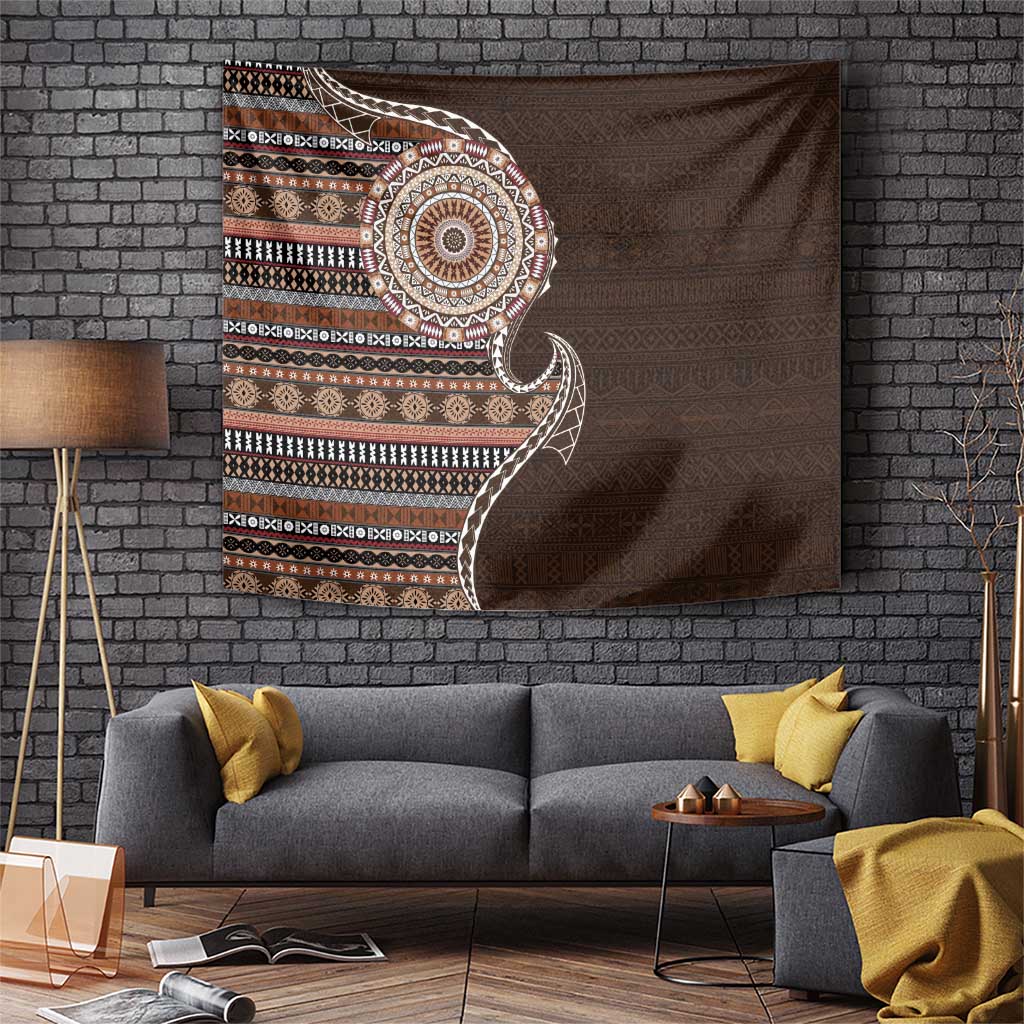Fijian Masi Tribal Tattoos Art Pattern Tapestry Brown Color Half Style - Polynesian Pride