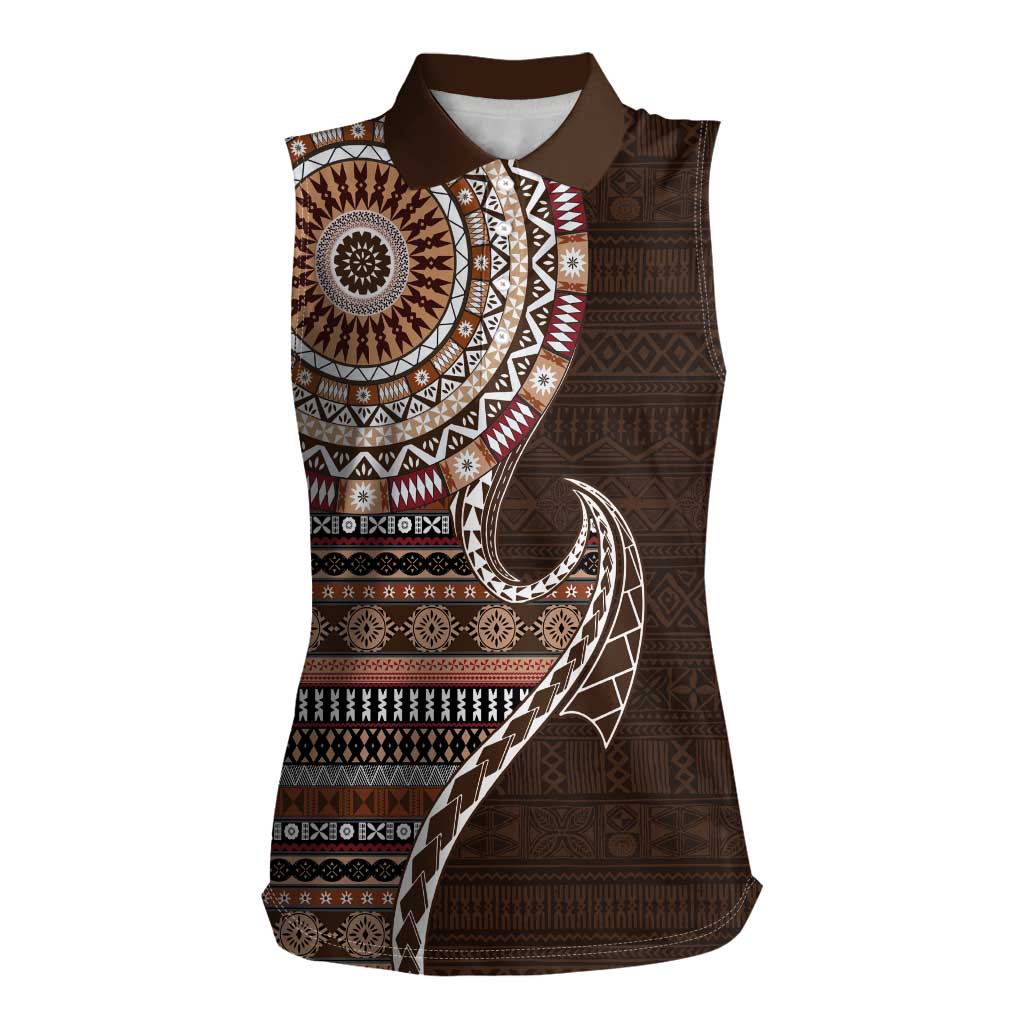 Fijian Masi Tribal Tattoos Art Pattern Women Sleeveless Polo Shirt Brown Color Half Style - Polynesian Pride