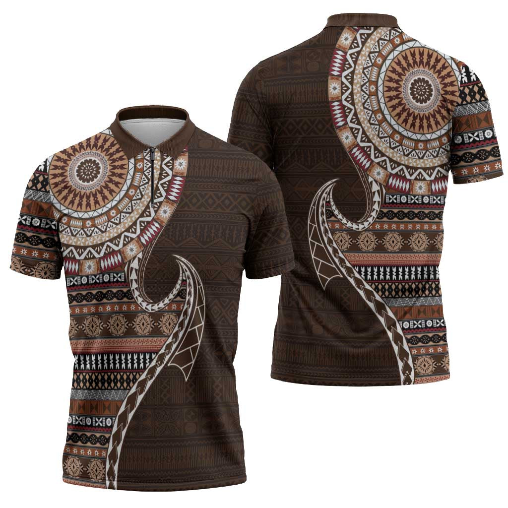 Fijian Masi Tribal Tattoos Art Pattern Zipper Polo Shirt Brown Color Half Style - Polynesian Pride