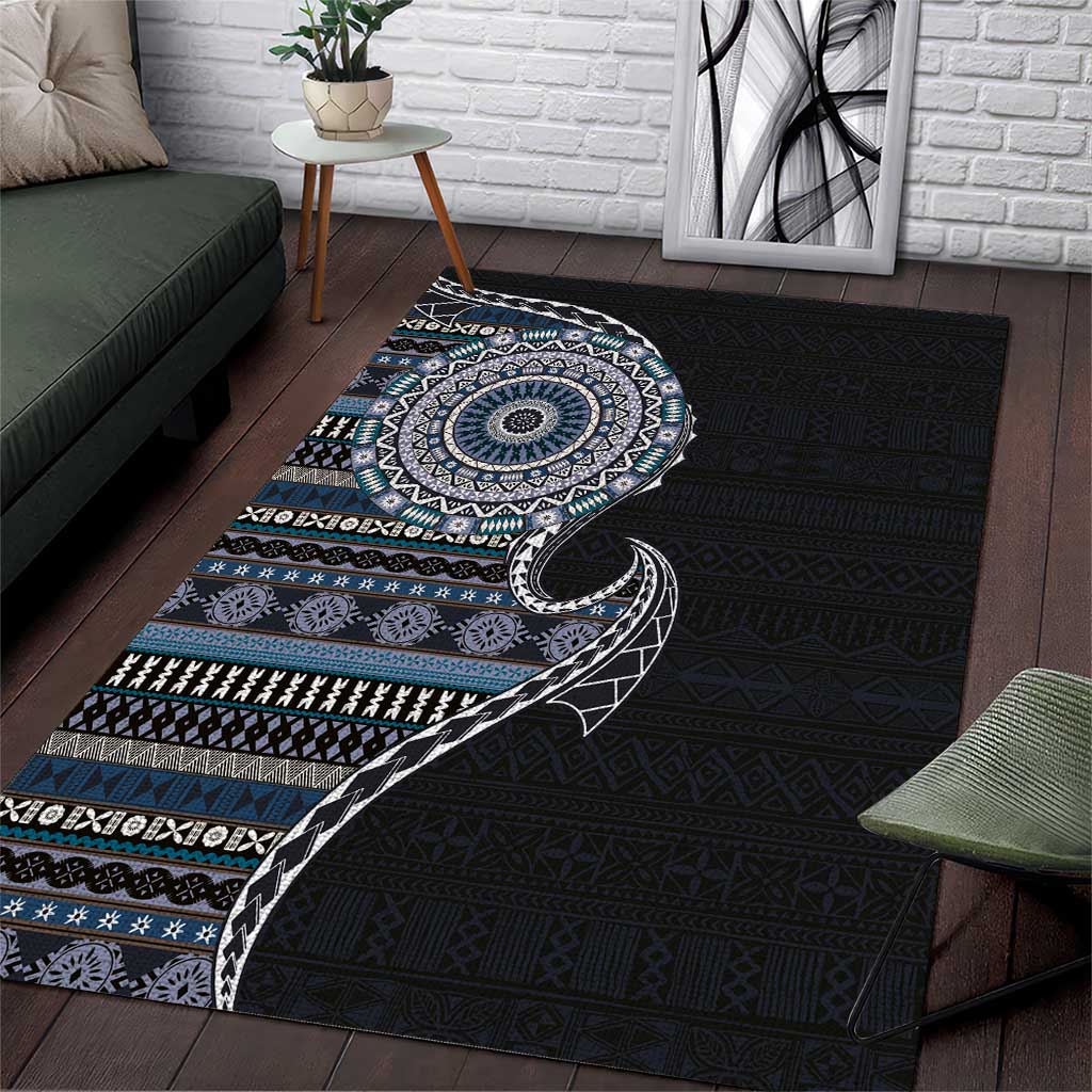 Fijian Masi Tribal Tattoos Art Pattern Area Rug Navy Color Half Style LT03 Navy - Polynesian Pride