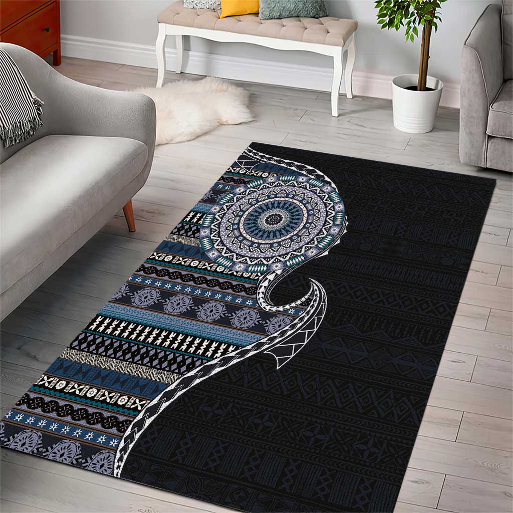 Fijian Masi Tribal Tattoos Art Pattern Area Rug Navy Color Half Style LT03 - Polynesian Pride