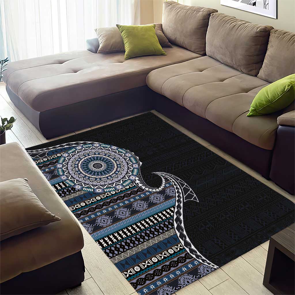 Fijian Masi Tribal Tattoos Art Pattern Area Rug Navy Color Half Style LT03 - Polynesian Pride