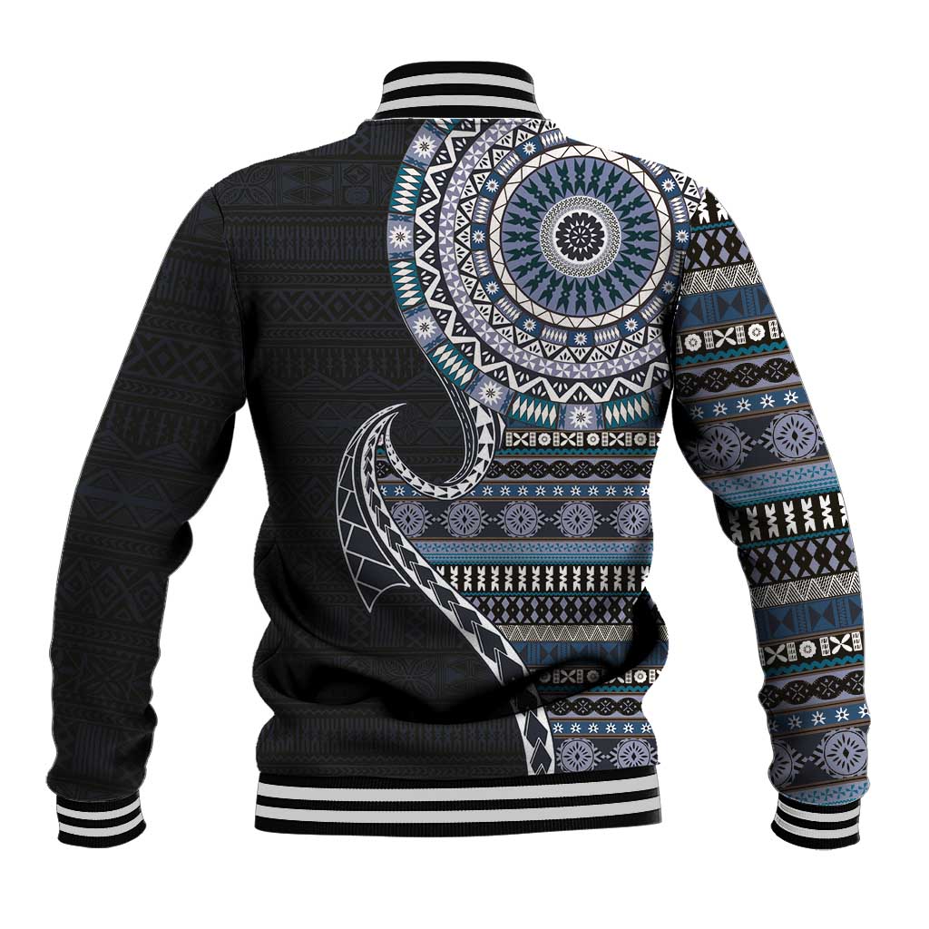 Fijian Masi Tribal Tattoos Art Pattern Baseball Jacket Navy Color Half Style - Polynesian Pride