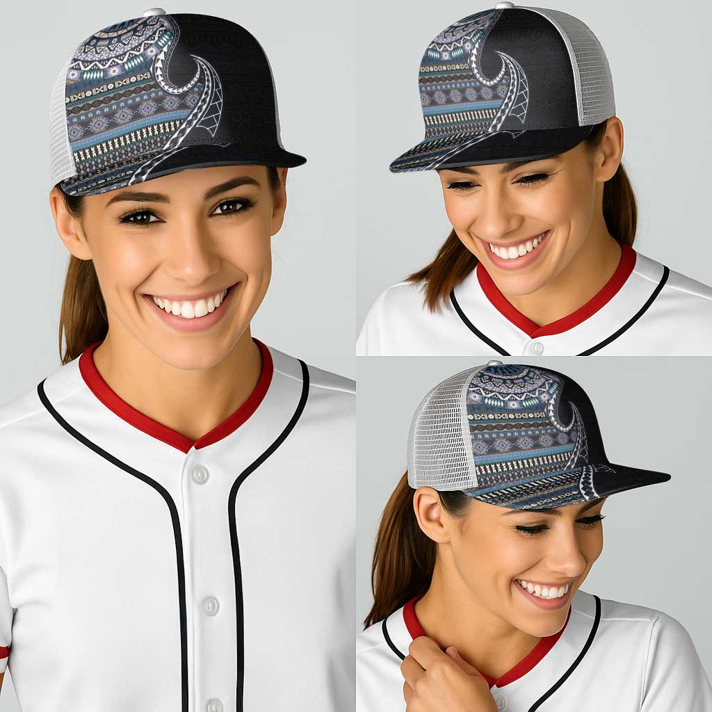 Fijian Masi Tribal Tattoos Art Pattern Baseball Net Cap Navy Color Half Style - Polynesian Pride