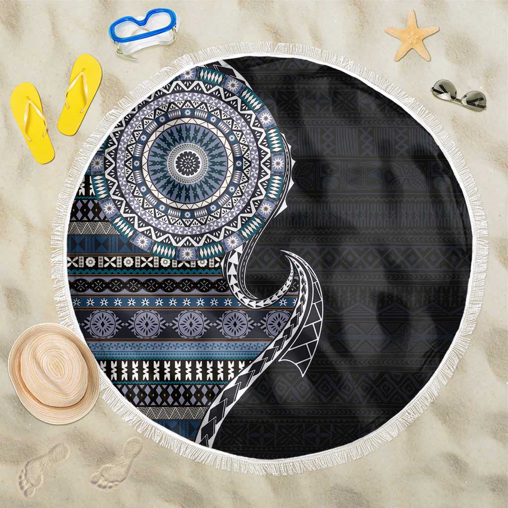 Fijian Masi Tribal Tattoos Art Pattern Beach Blanket Navy Color Half Style - Polynesian Pride