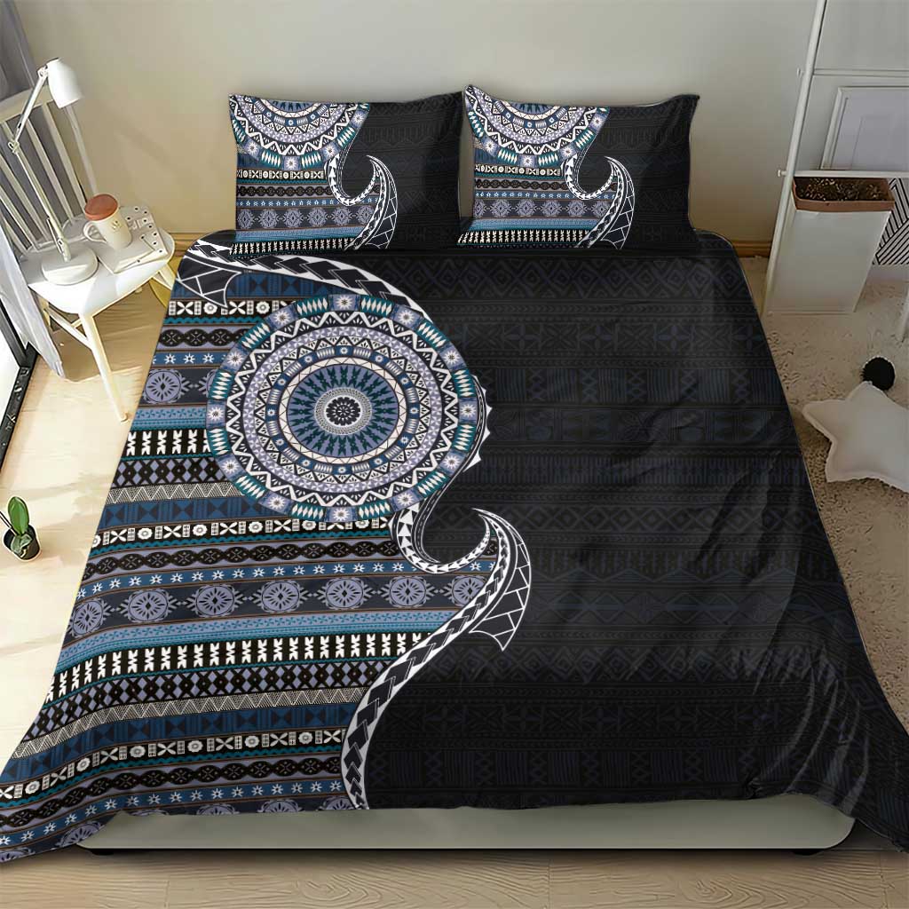 Fijian Masi Tribal Tattoos Art Pattern Bedding Set Navy Color Half Style - Polynesian Pride