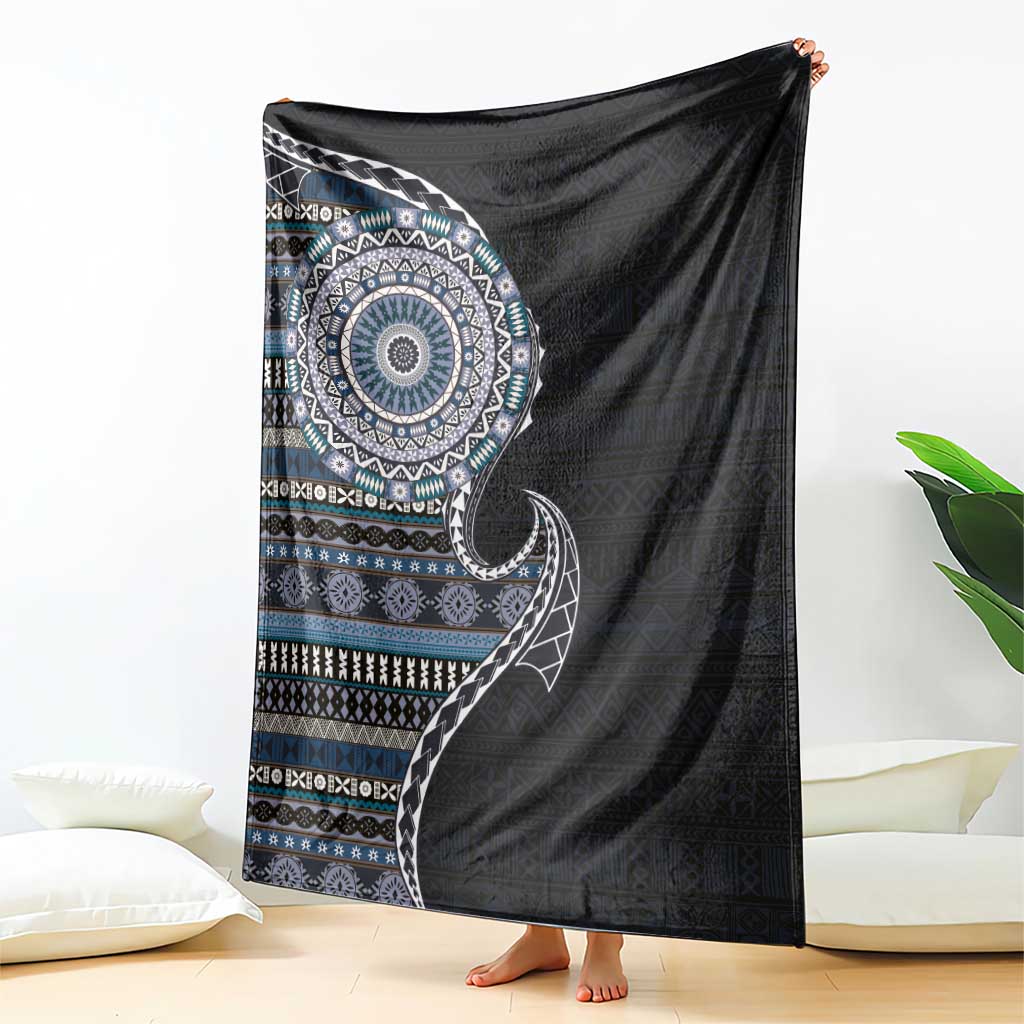 Fijian Masi Tribal Tattoos Art Pattern Blanket Navy Color Half Style - Polynesian Pride