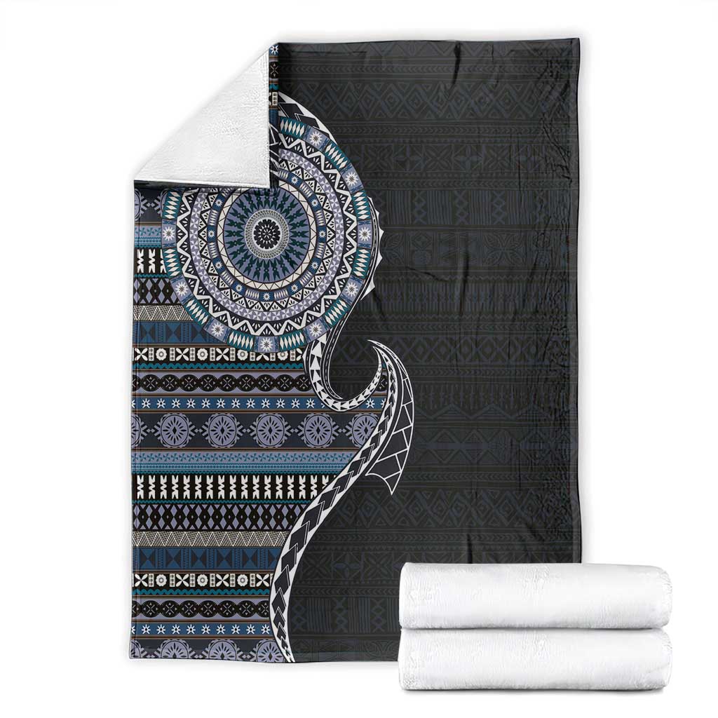 Fijian Masi Tribal Tattoos Art Pattern Blanket Navy Color Half Style - Polynesian Pride
