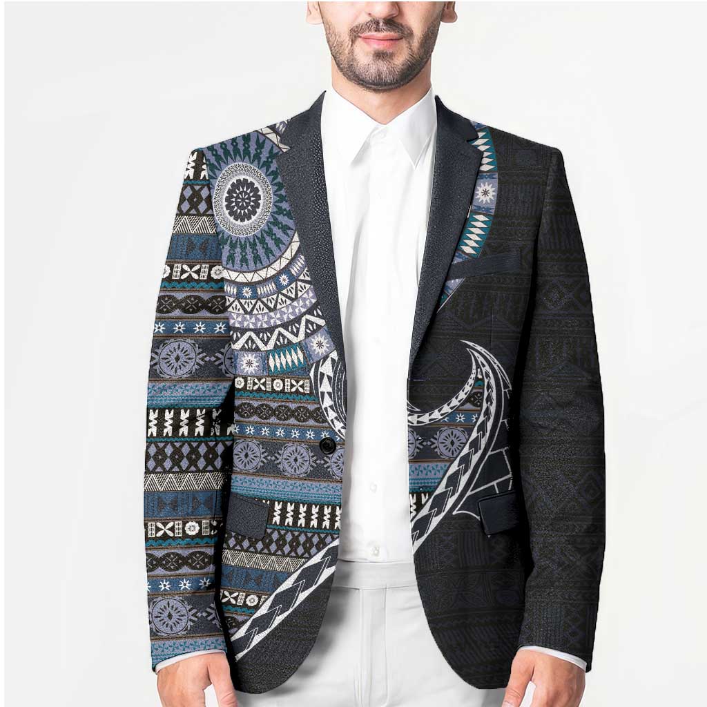 Fijian Masi Tribal Tattoos Art Pattern Blazer Navy Color Half Style LT03 - Polynesian Pride