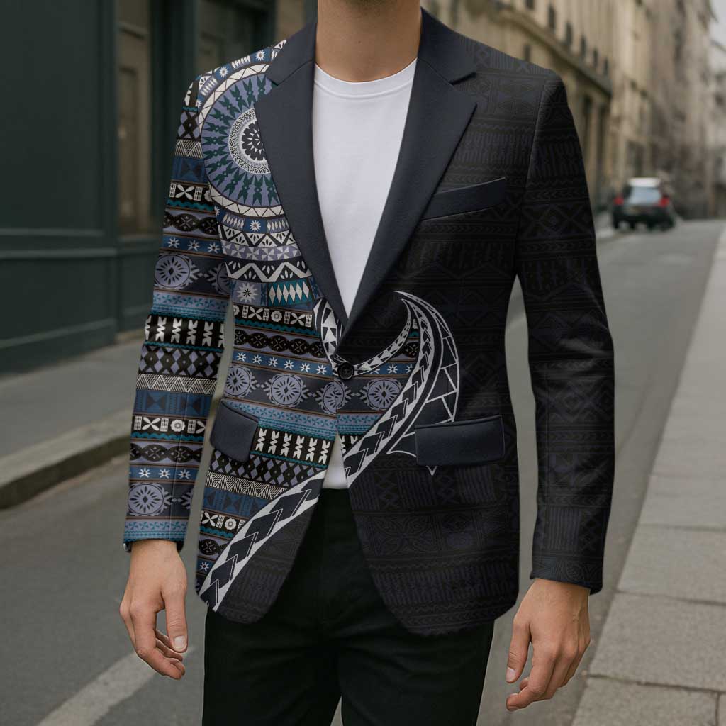 Fijian Masi Tribal Tattoos Art Pattern Blazer Navy Color Half Style LT03 - Polynesian Pride