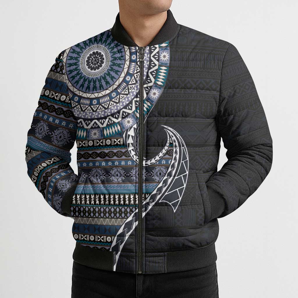 Fijian Masi Tribal Tattoos Art Pattern Bomber Puffer Jacket Navy Color Half Style - Polynesian Pride