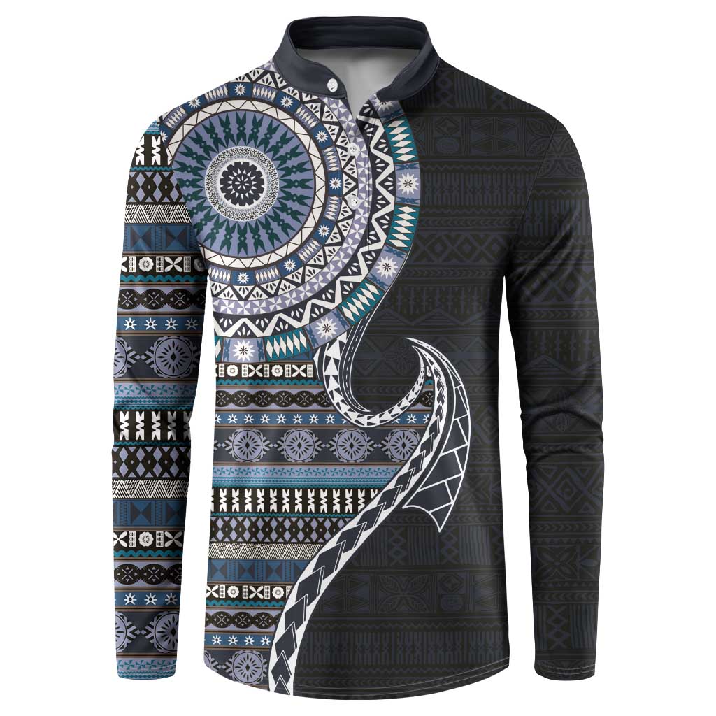 Fijian Masi Tribal Tattoos Art Pattern Button Sweatshirt Navy Color Half Style - Polynesian Pride