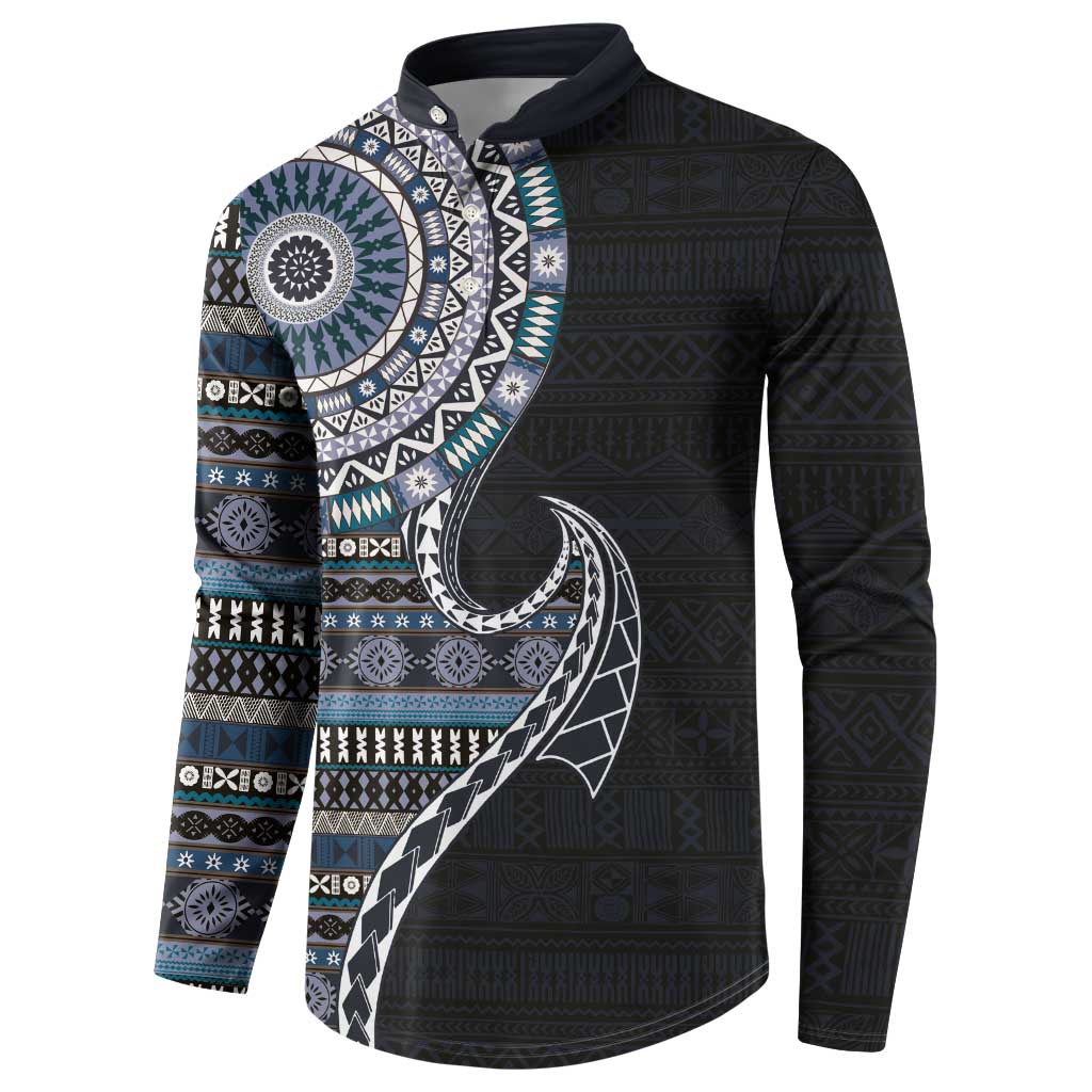 Fijian Masi Tribal Tattoos Art Pattern Button Sweatshirt Navy Color Half Style - Polynesian Pride