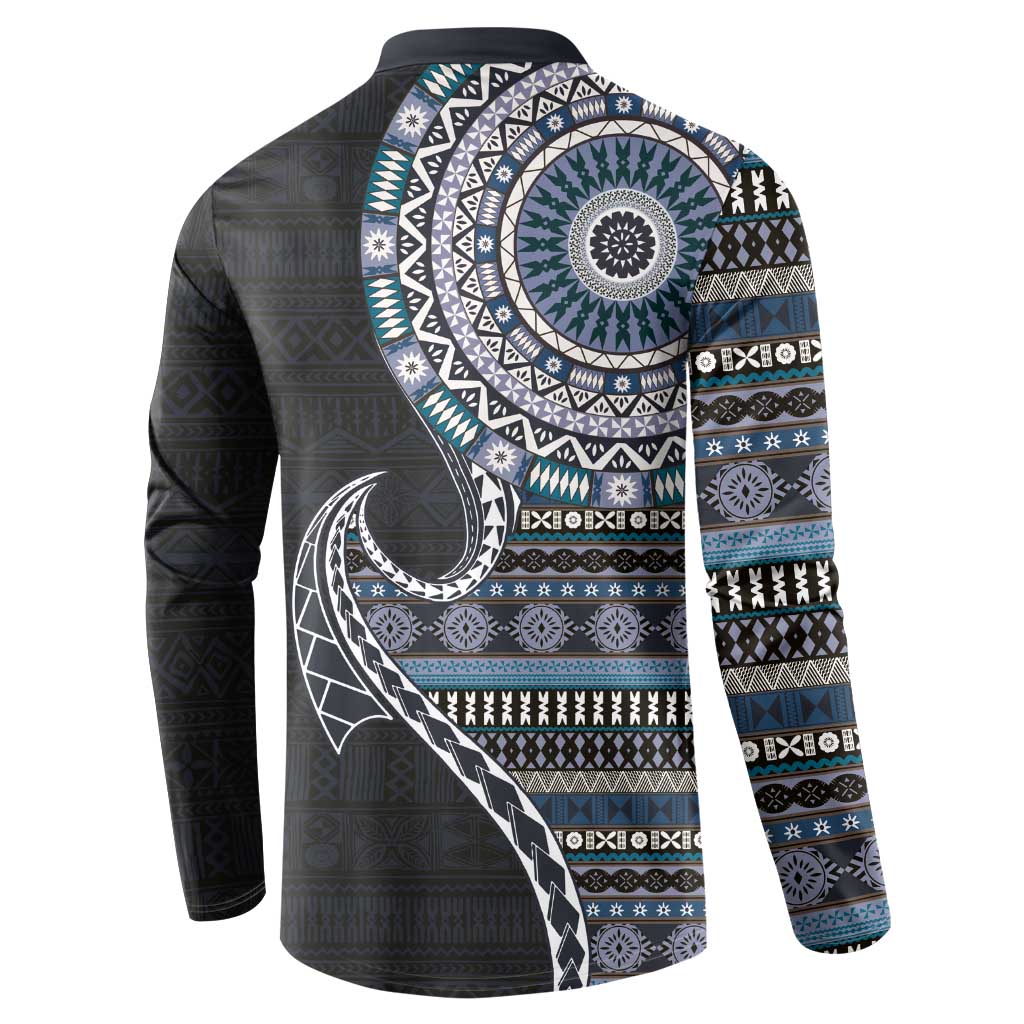 Fijian Masi Tribal Tattoos Art Pattern Button Sweatshirt Navy Color Half Style - Polynesian Pride