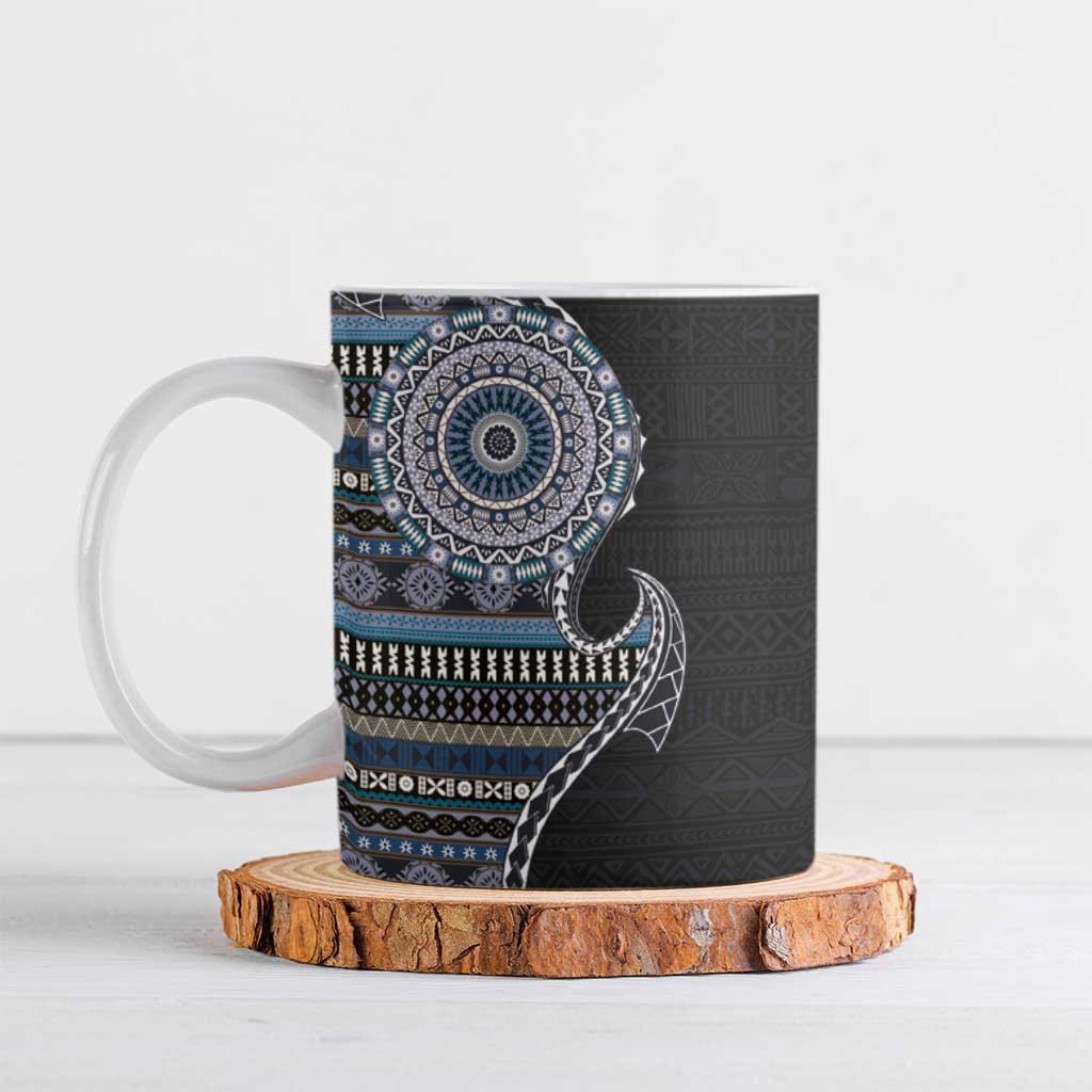 Fijian Masi Tribal Tattoos Art Pattern Ceramic Mug Navy Color Half Style - Polynesian Pride