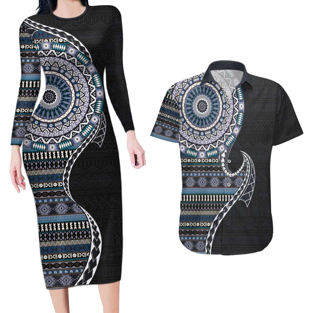 Fijian Masi Tribal Tattoos Art Pattern Couples Matching Long Sleeve Bodycon Dress and Hawaiian Shirt Navy Color Half Style - Polynesian Pride