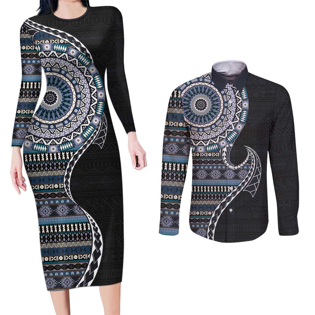 Fijian Masi Tribal Tattoos Art Pattern Couples Matching Long Sleeve Bodycon Dress and Long Sleeve Button Shirt Navy Color Half Style - Polynesian Pride