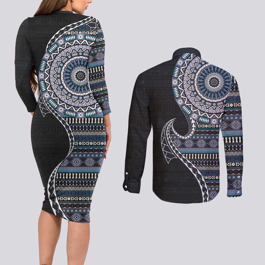Fijian Masi Tribal Tattoos Art Pattern Couples Matching Long Sleeve Bodycon Dress and Long Sleeve Button Shirt Navy Color Half Style - Polynesian Pride
