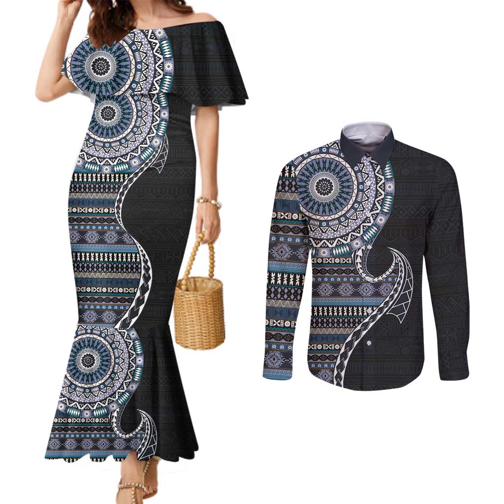 Fijian Masi Tribal Tattoos Art Pattern Couples Matching Mermaid Dress and Long Sleeve Button Shirt Navy Color Half Style - Polynesian Pride