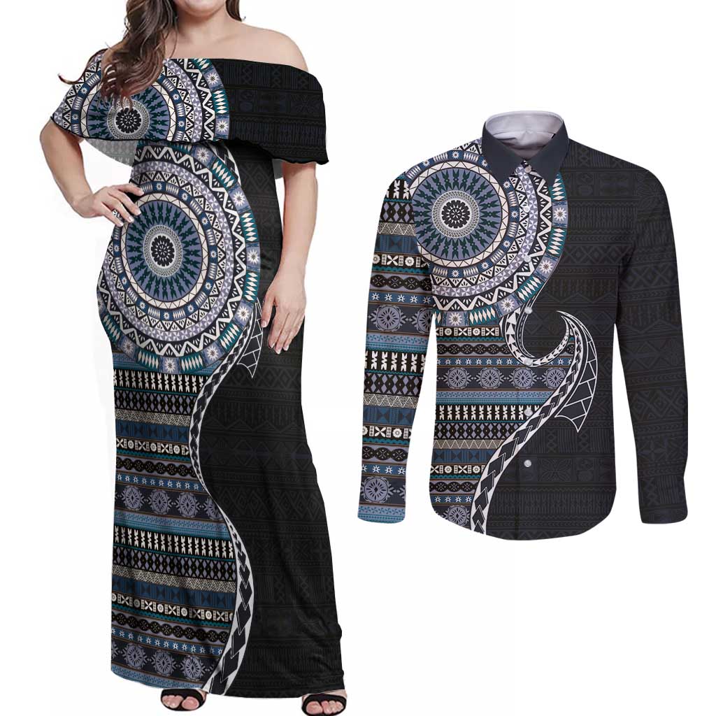 Fijian Masi Tribal Tattoos Art Pattern Couples Matching Off Shoulder Maxi Dress and Long Sleeve Button Shirt Navy Color Half Style - Polynesian Pride