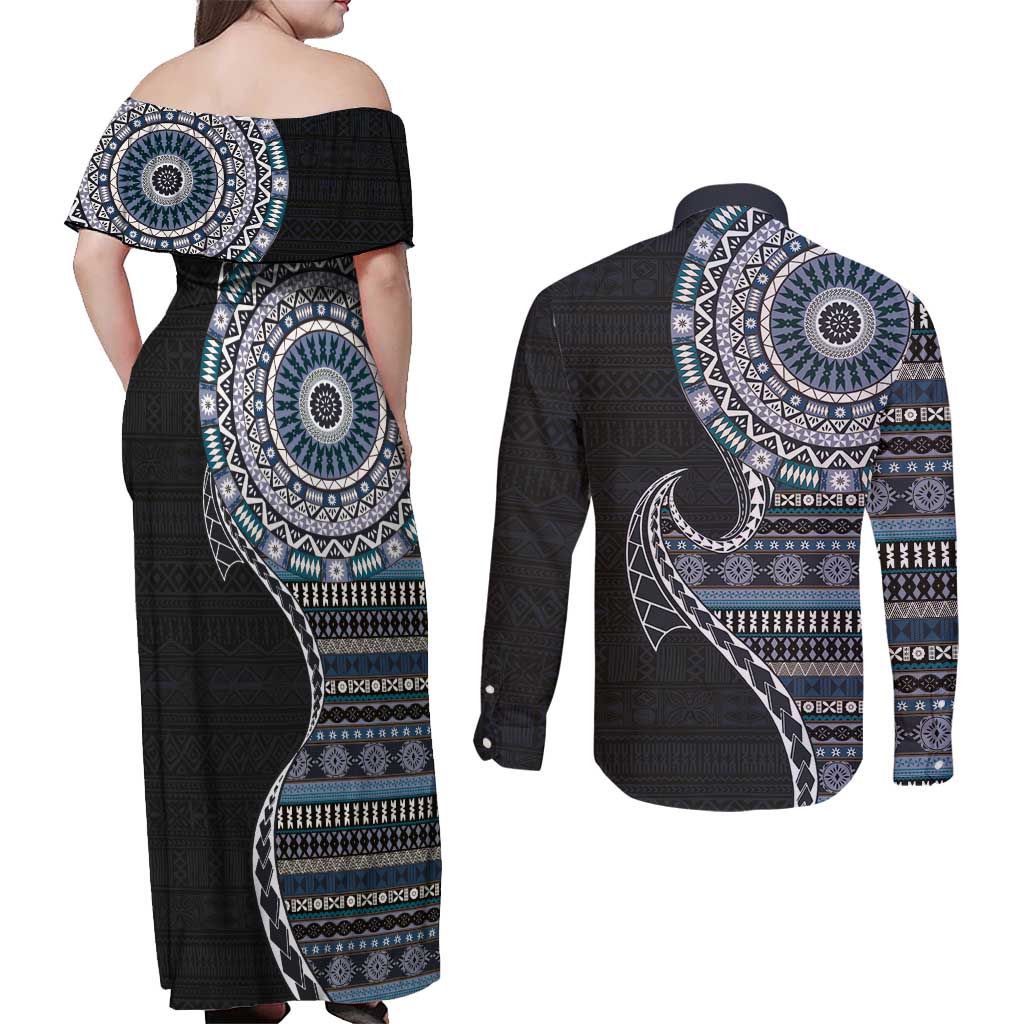 Fijian Masi Tribal Tattoos Art Pattern Couples Matching Off Shoulder Maxi Dress and Long Sleeve Button Shirt Navy Color Half Style - Polynesian Pride