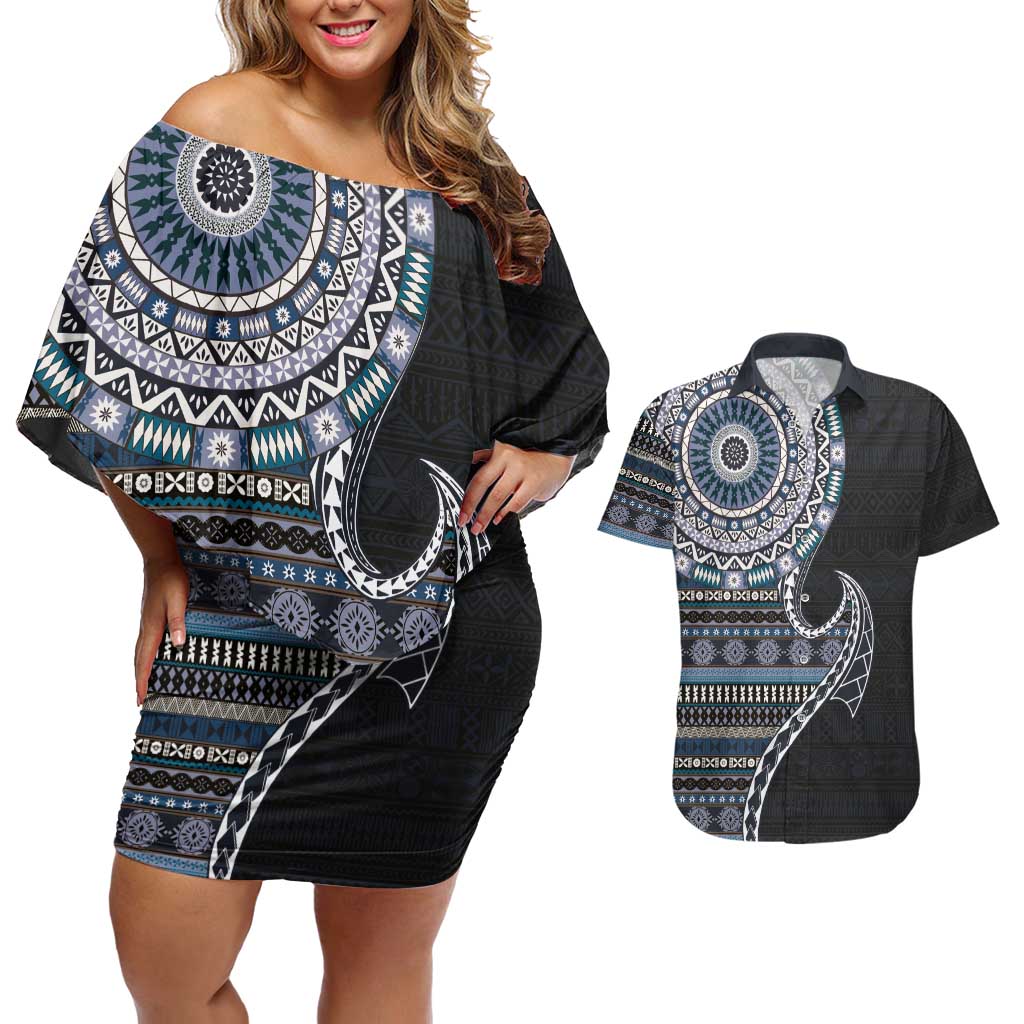 Fijian Masi Tribal Tattoos Art Pattern Couples Matching Off Shoulder Short Dress and Hawaiian Shirt Navy Color Half Style - Polynesian Pride