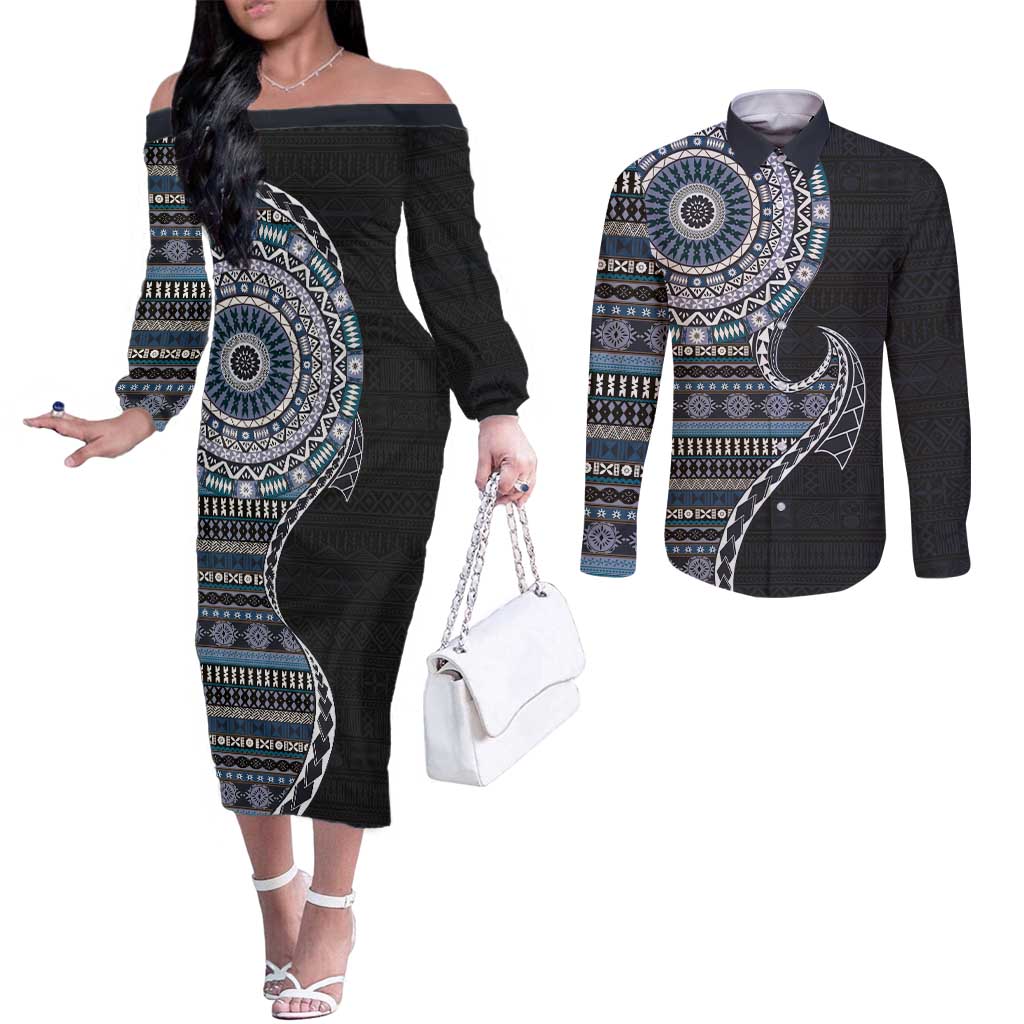 Fijian Masi Tribal Tattoos Art Pattern Couples Matching Off The Shoulder Long Sleeve Dress and Long Sleeve Button Shirt Navy Color Half Style - Polynesian Pride