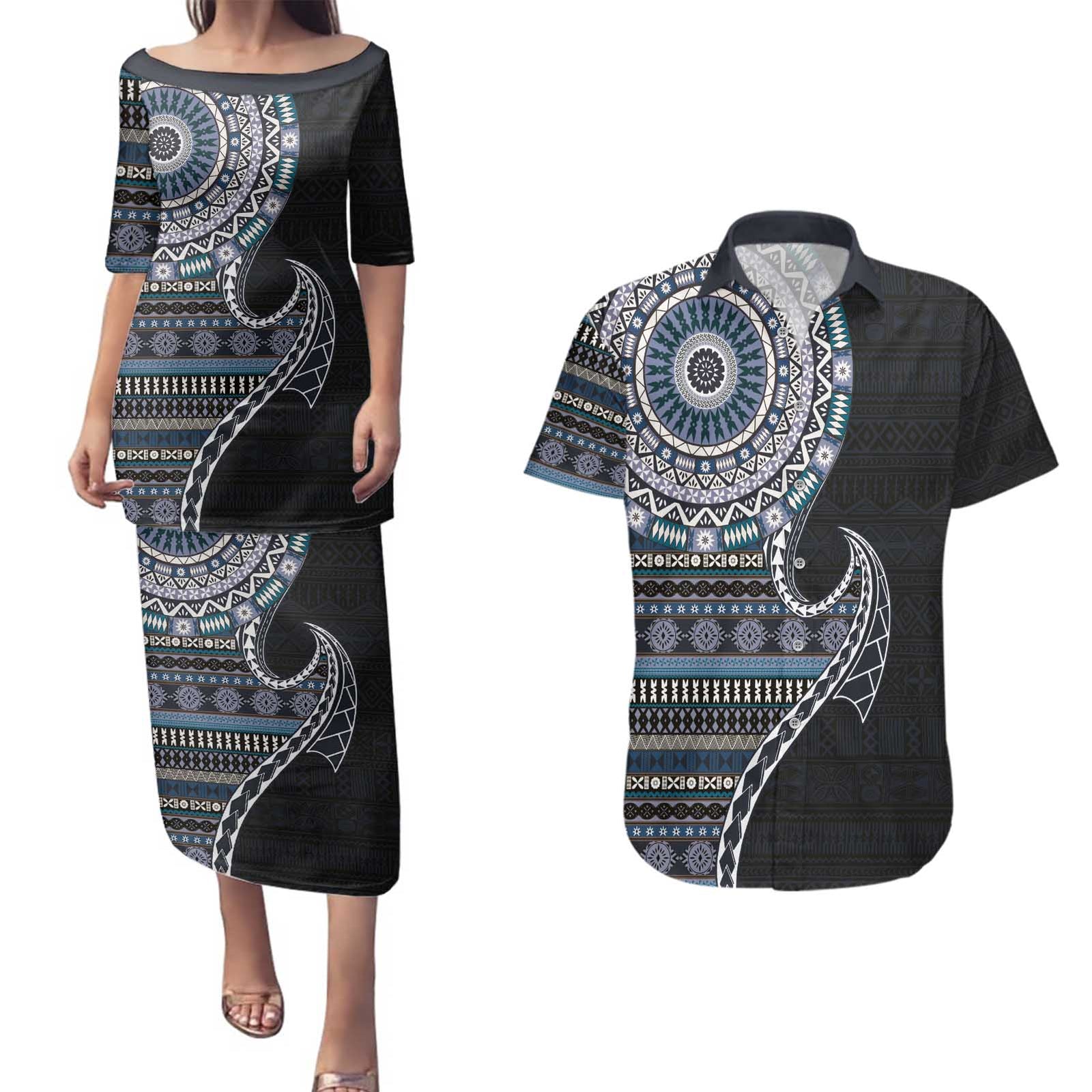 Fijian Masi Tribal Tattoos Art Pattern Couples Matching Puletasi and Hawaiian Shirt Navy Color Half Style - Polynesian Pride