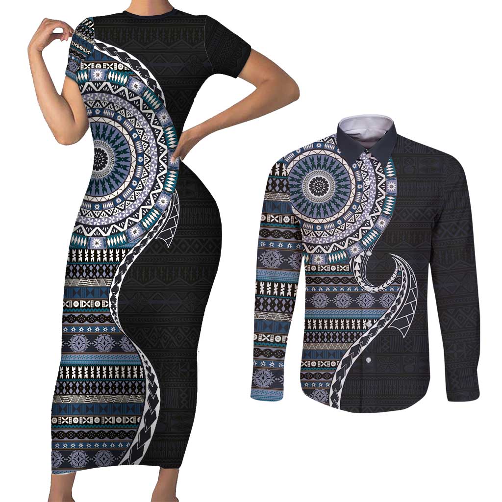 Fijian Masi Tribal Tattoos Art Pattern Couples Matching Short Sleeve Bodycon Dress and Long Sleeve Button Shirt Navy Color Half Style - Polynesian Pride