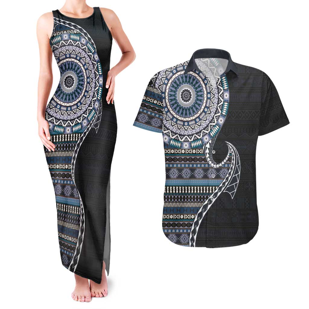 Fijian Masi Tribal Tattoos Art Pattern Couples Matching Tank Maxi Dress and Hawaiian Shirt Navy Color Half Style - Polynesian Pride
