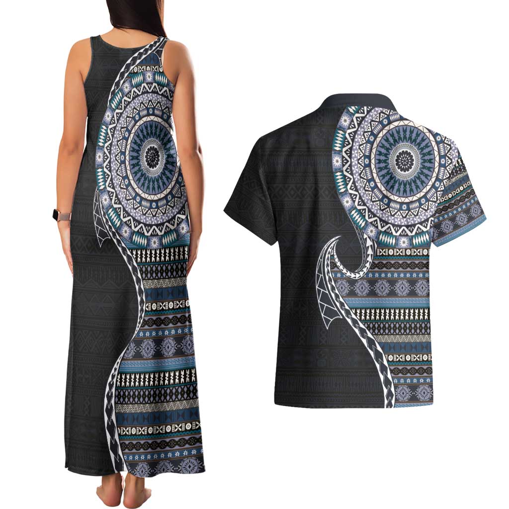 Fijian Masi Tribal Tattoos Art Pattern Couples Matching Tank Maxi Dress and Hawaiian Shirt Navy Color Half Style - Polynesian Pride