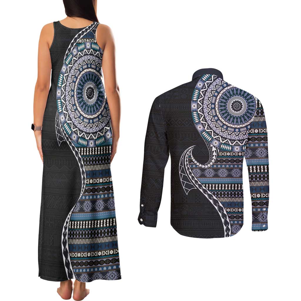 Fijian Masi Tribal Tattoos Art Pattern Couples Matching Tank Maxi Dress and Long Sleeve Button Shirt Navy Color Half Style - Polynesian Pride