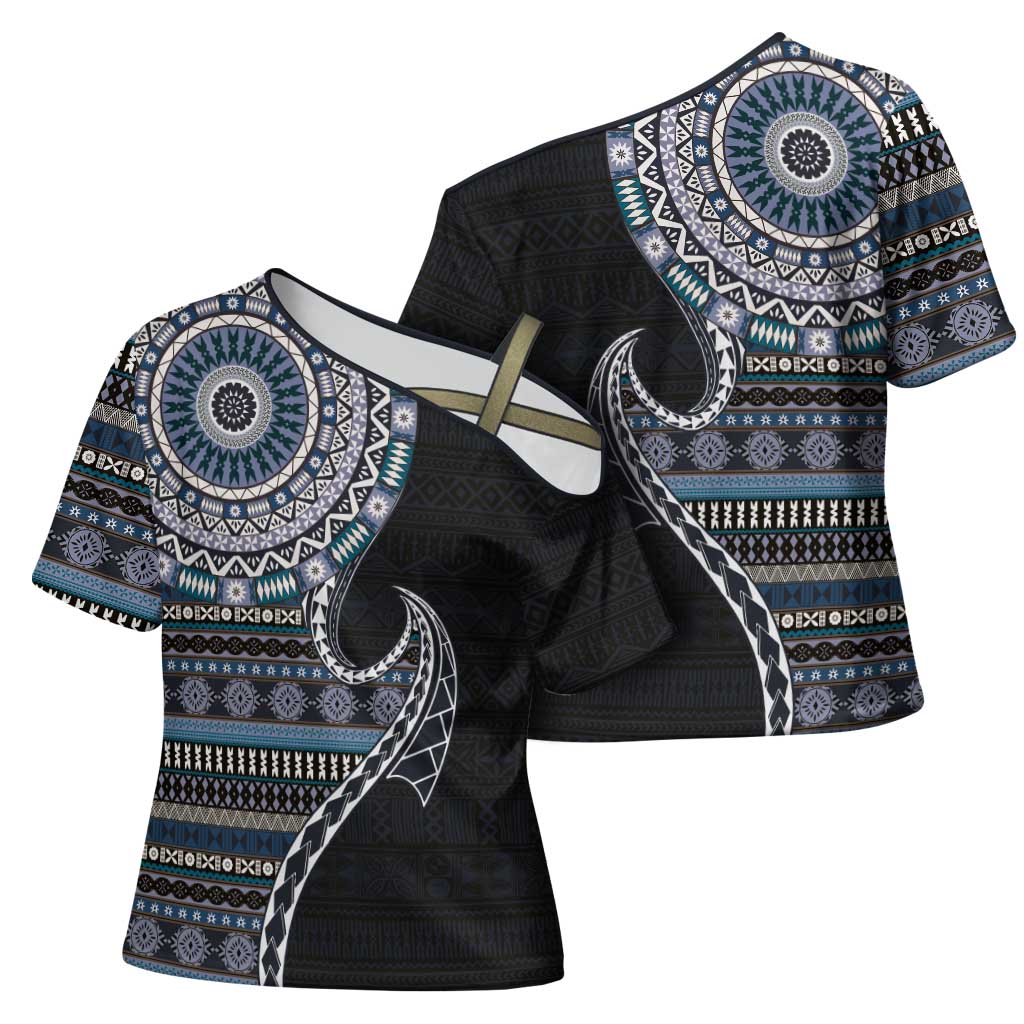 Fijian Masi Tribal Tattoos Art Pattern Cross Shoulder Shirt Navy Color Half Style - Polynesian Pride