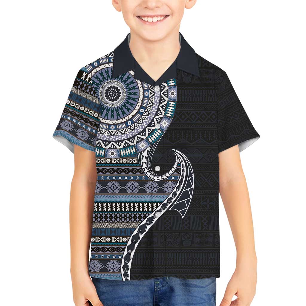 Fijian Masi Tribal Tattoos Art Pattern Family Matching Long Sleeve Bodycon Dress and Hawaiian Shirt Navy Color Half Style - Polynesian Pride