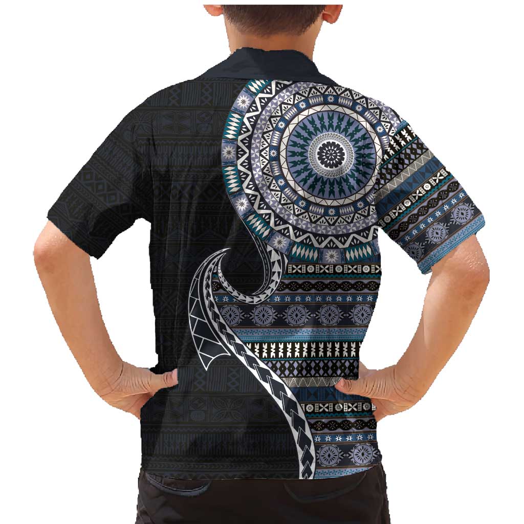 Fijian Masi Tribal Tattoos Art Pattern Family Matching Mermaid Dress and Hawaiian Shirt Navy Color Half Style - Polynesian Pride