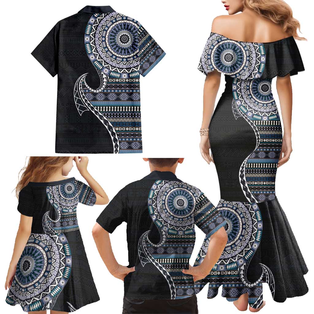 Fijian Masi Tribal Tattoos Art Pattern Family Matching Mermaid Dress and Hawaiian Shirt Navy Color Half Style - Polynesian Pride
