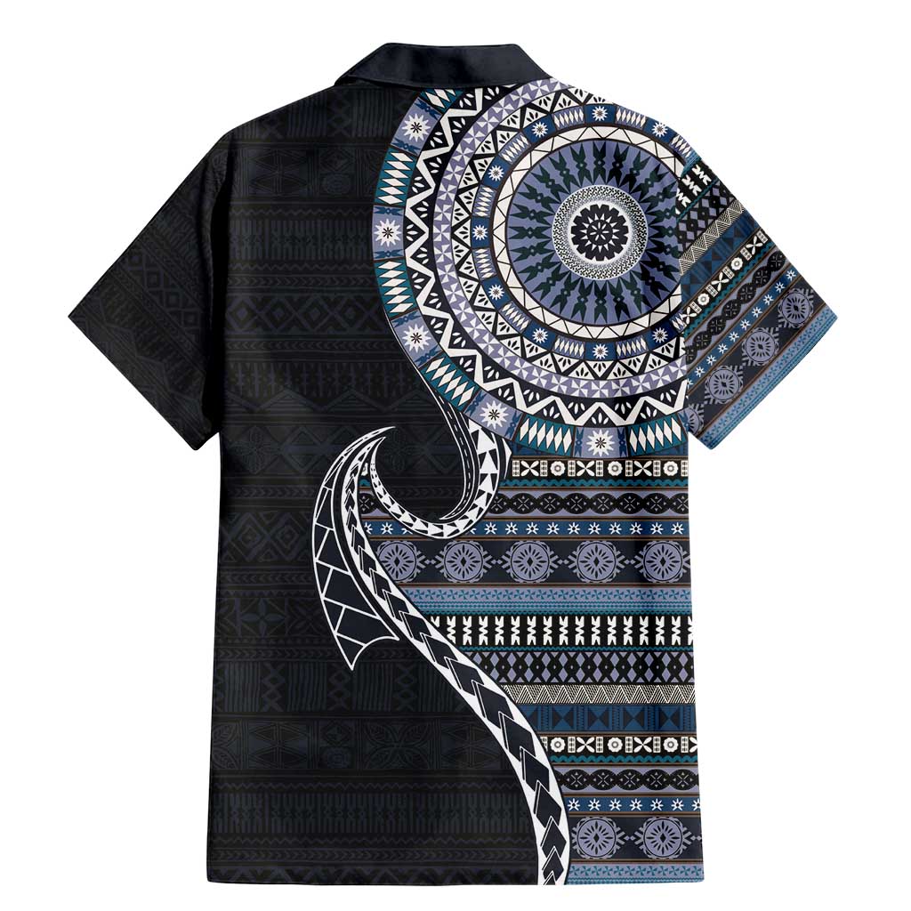 Fijian Masi Tribal Tattoos Art Pattern Family Matching Mermaid Dress and Hawaiian Shirt Navy Color Half Style - Polynesian Pride