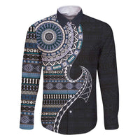 Fijian Masi Tribal Tattoos Art Pattern Family Matching Mermaid Dress and Hawaiian Shirt Navy Color Half Style - Polynesian Pride