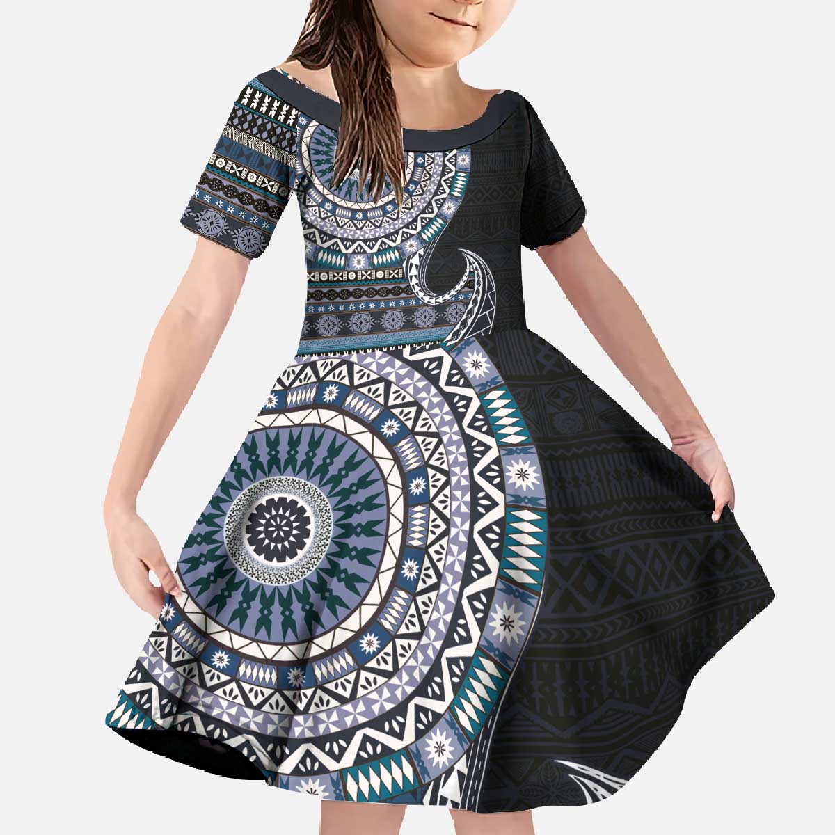 Fijian Masi Tribal Tattoos Art Pattern Family Matching Off The Shoulder Long Sleeve Dress and Hawaiian Shirt Navy Color Half Style - Polynesian Pride