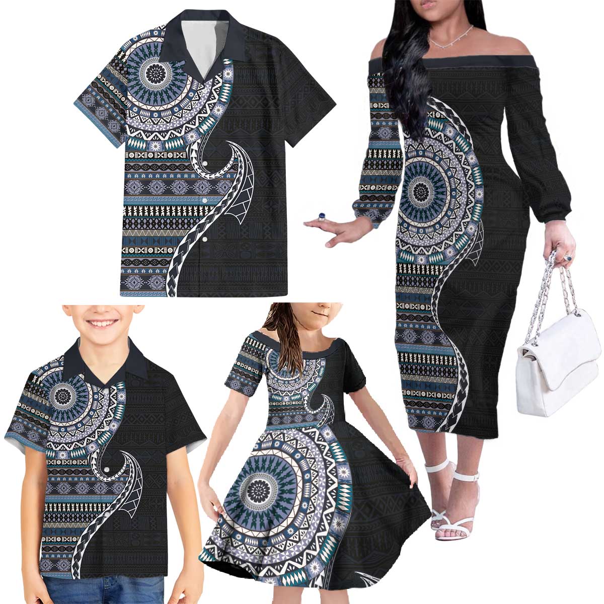 Fijian Masi Tribal Tattoos Art Pattern Family Matching Off The Shoulder Long Sleeve Dress and Hawaiian Shirt Navy Color Half Style - Polynesian Pride
