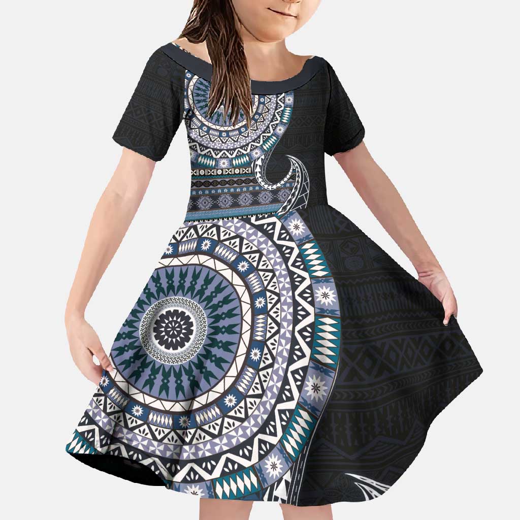 Fijian Masi Tribal Tattoos Art Pattern Family Matching Off Shoulder Maxi Dress and Hawaiian Shirt Navy Color Half Style - Polynesian Pride