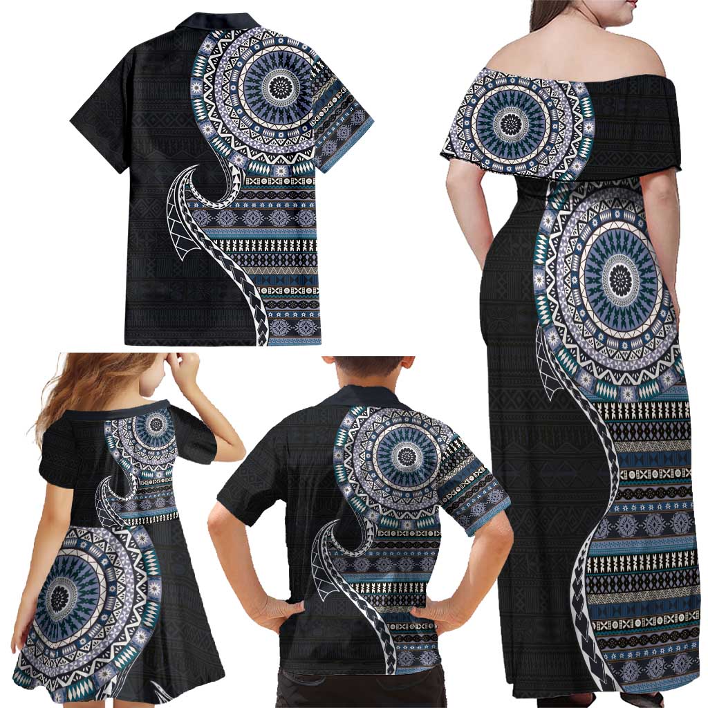 Fijian Masi Tribal Tattoos Art Pattern Family Matching Off Shoulder Maxi Dress and Hawaiian Shirt Navy Color Half Style - Polynesian Pride