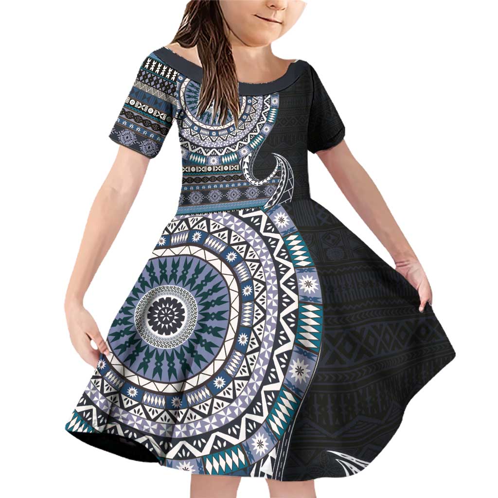 Fijian Masi Tribal Tattoos Art Pattern Family Matching Off Shoulder Short Dress and Hawaiian Shirt Navy Color Half Style - Polynesian Pride